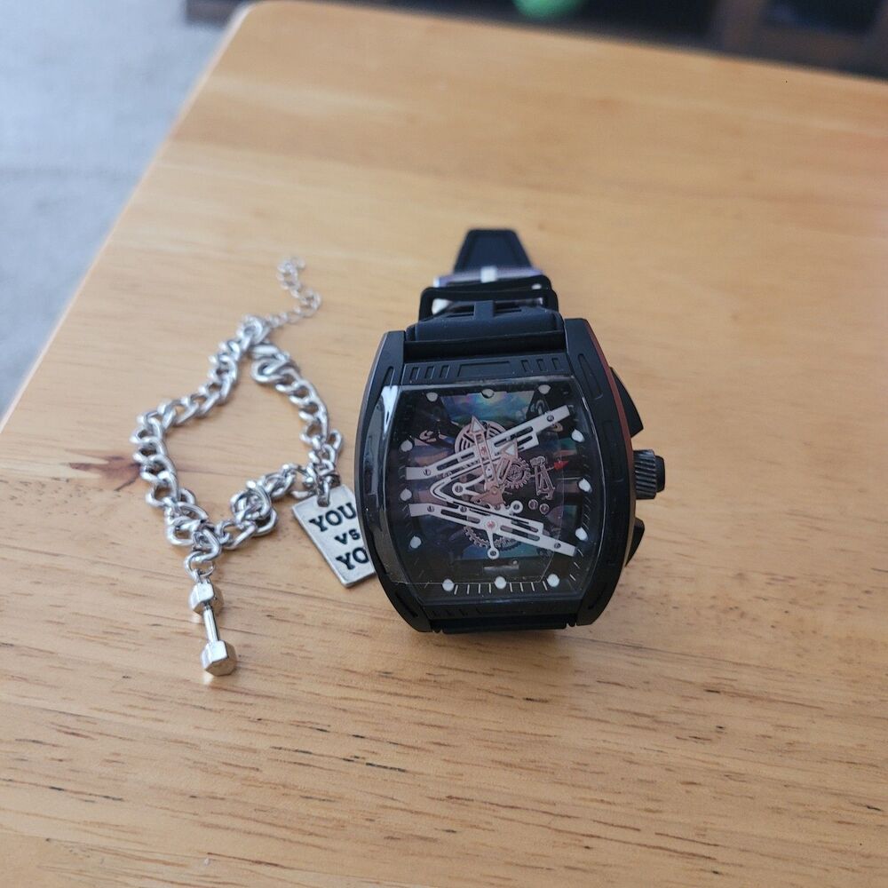 Mens Black Tonneau Quartz Mille Fashion Watch Skeleton Dial Mille Style Barrel